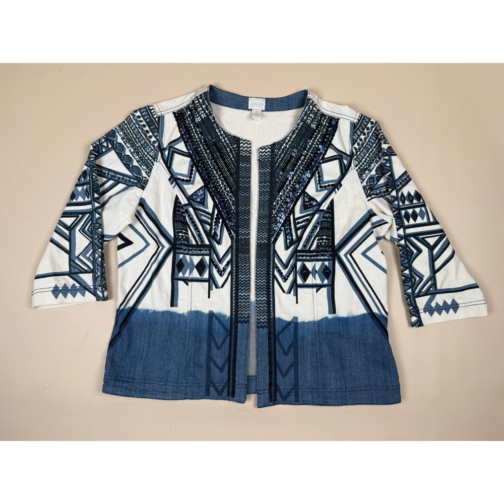 Chico's 2 Jacket Boho Geometric Cotton Sequin Dip Dye Indigo Open Front